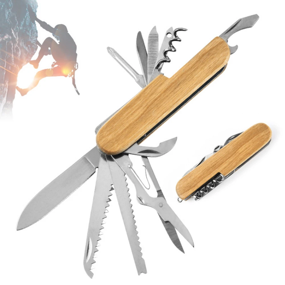 Multi-purpose Swiss Knife 13 In 1 Multitools Stainless Steel Folding Knife Wood Handle Outdoor Keychain Pocket Knife Tools