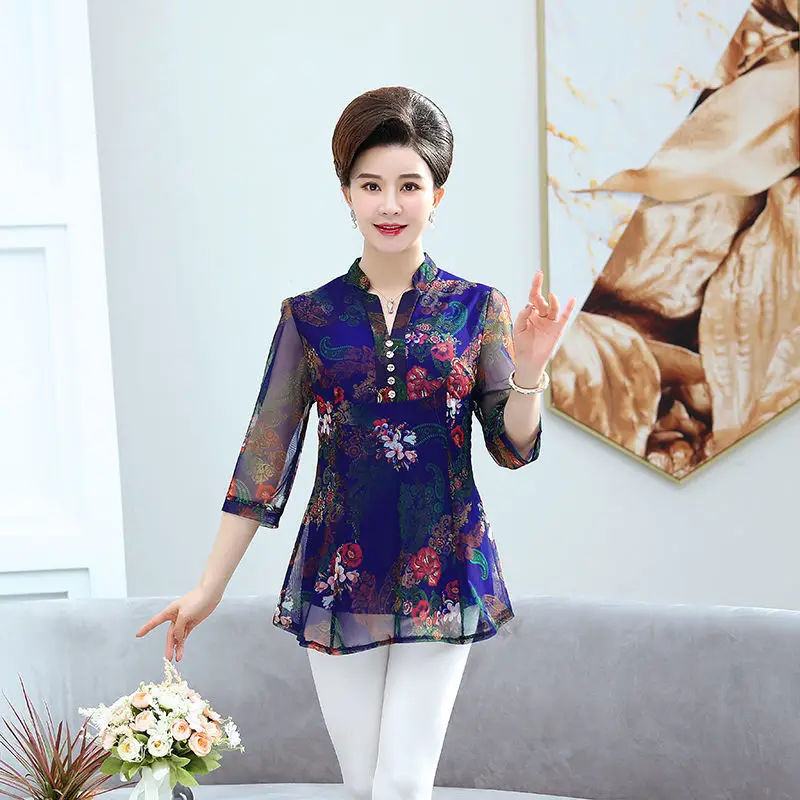 Spring Summer Chiffon Women Shirts Fashion Temperament  Pirnt Ruffle Ladies Casual Blouses Elegant Loose Tops Blusas MM1025