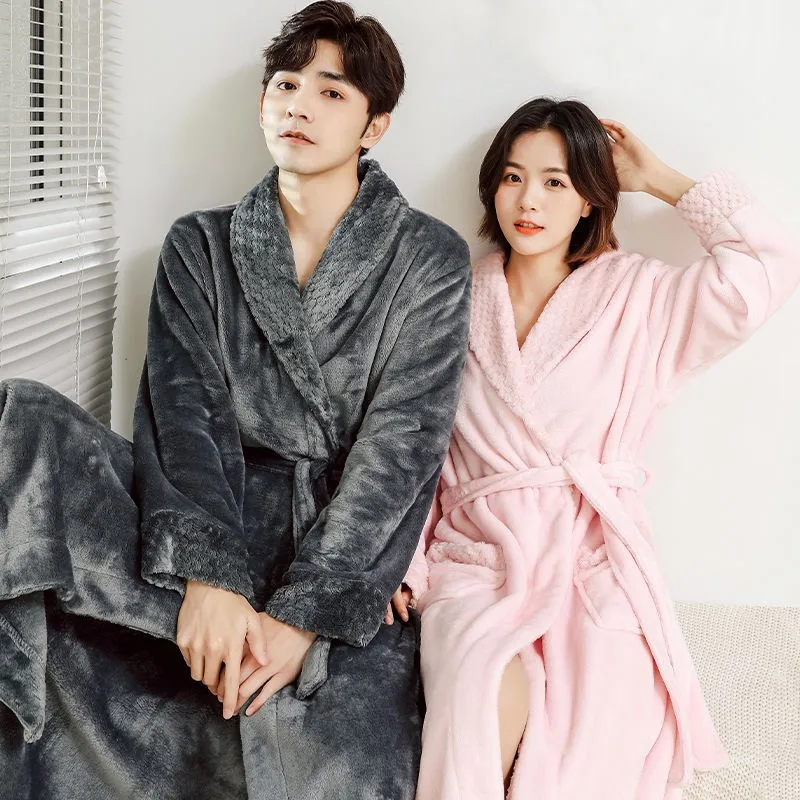 

Winter Flannel Pajama Set women Long Coral Fleece Thick Couple Bathrobe Nightgown Flannel Men's Pajamas Warm Sleepwear Homewear