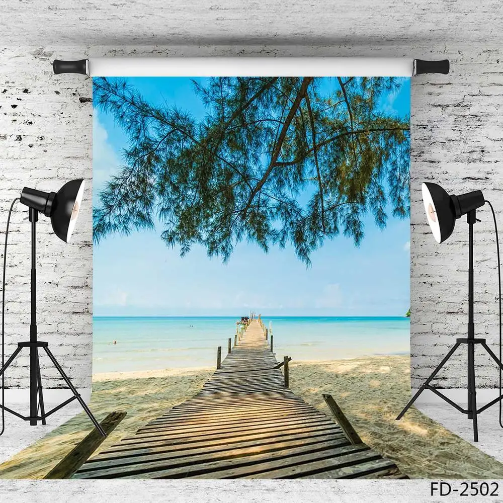 Sandy Beach Sea Wooden Bridge Tree Sky Scenery Backdrop Child Portrait Vinyl Photography Background Photophone Photo Studio Prop