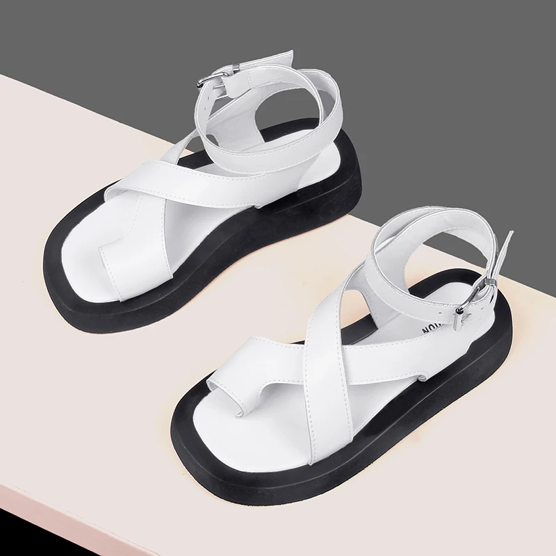 

Sandals Women PU Leather 2023 Summer New Clip Toe Sandals Ladies Roman Women Shoes Muffin Sandals