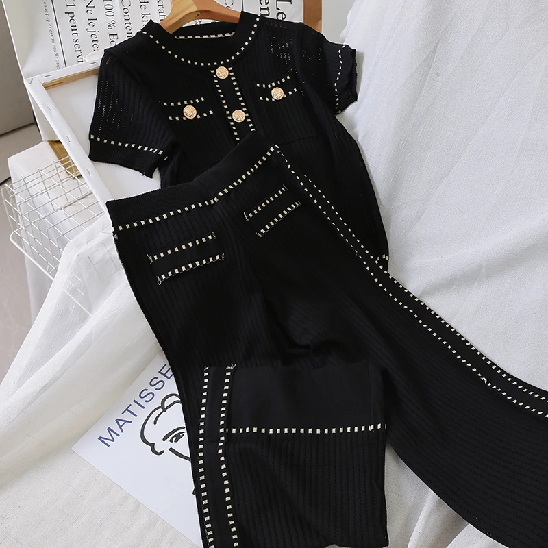 New Summer 2024 White/Black Knitted Women Two Piece Set Elegant Short Sleeve O-neck Casual Tops Shirts And Loose Pants Suits