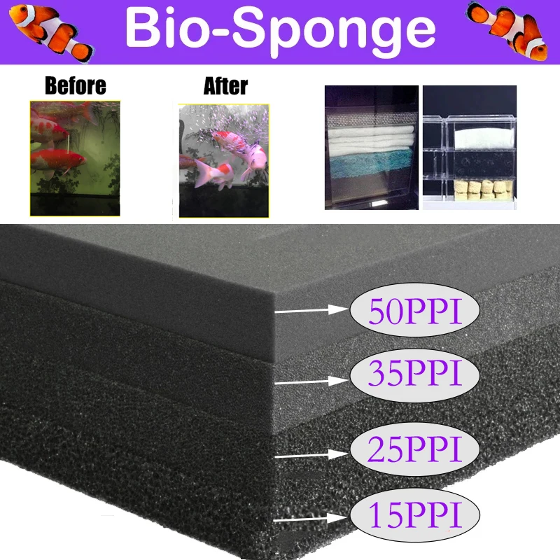 Aquarium Accessories Biochemical Decoration Filter Cotton Sponge Fish TankFilter Aquarium Pond Black Foam Sponge 15 25 35 50PPI