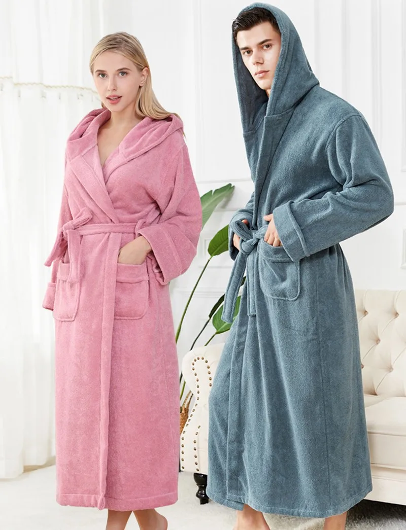 Solid Lengthen Hooded Robe Men Women Winter Toweling Terry Robe Cotton Bathrobe Soft Ventilation Sleeprobe Casual Homewear