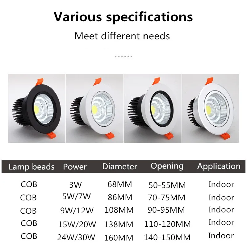 COB الأضواء AC85V-265V 3W5W7W9W12W15W20W السقف النازل Epistar LED مصباح راحة بقعة ضوء للإضاءة المنزلية