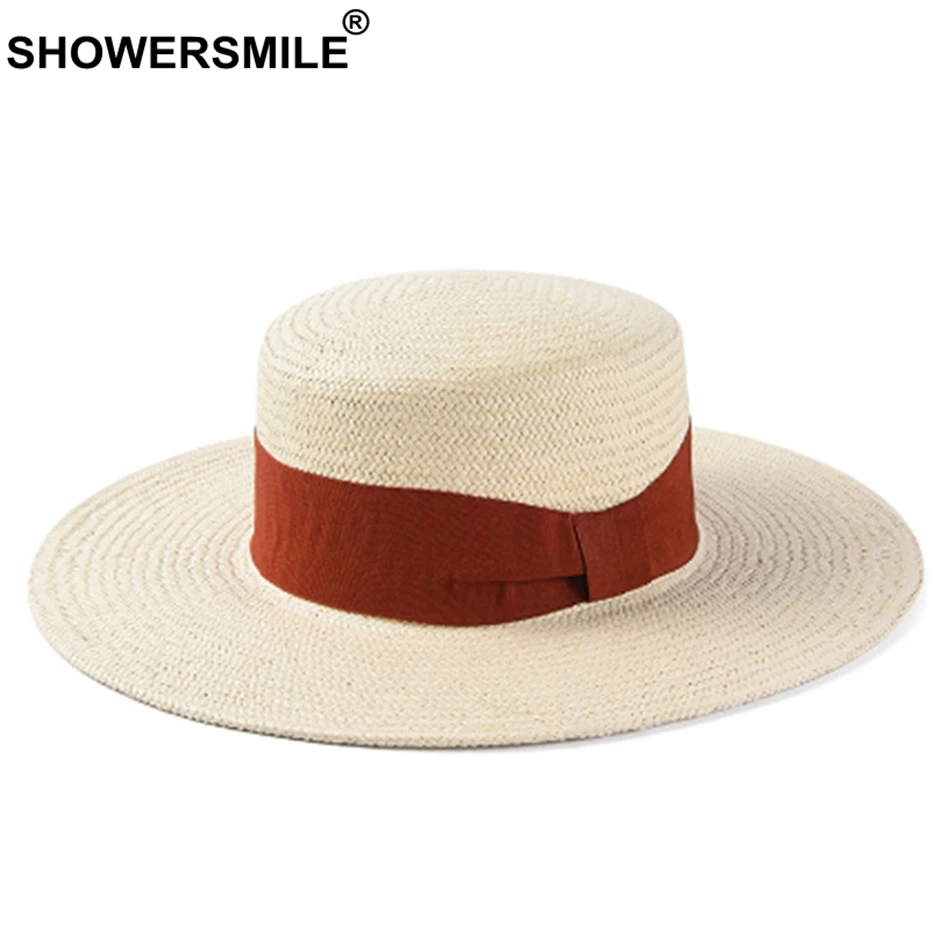 SHOWERSMILE Wide Brim Sun Hats For Women Paper Straw Panama Hats Female Blue Ribbon Elegant Beach Summer Cap Ladies Anti-uv Hat