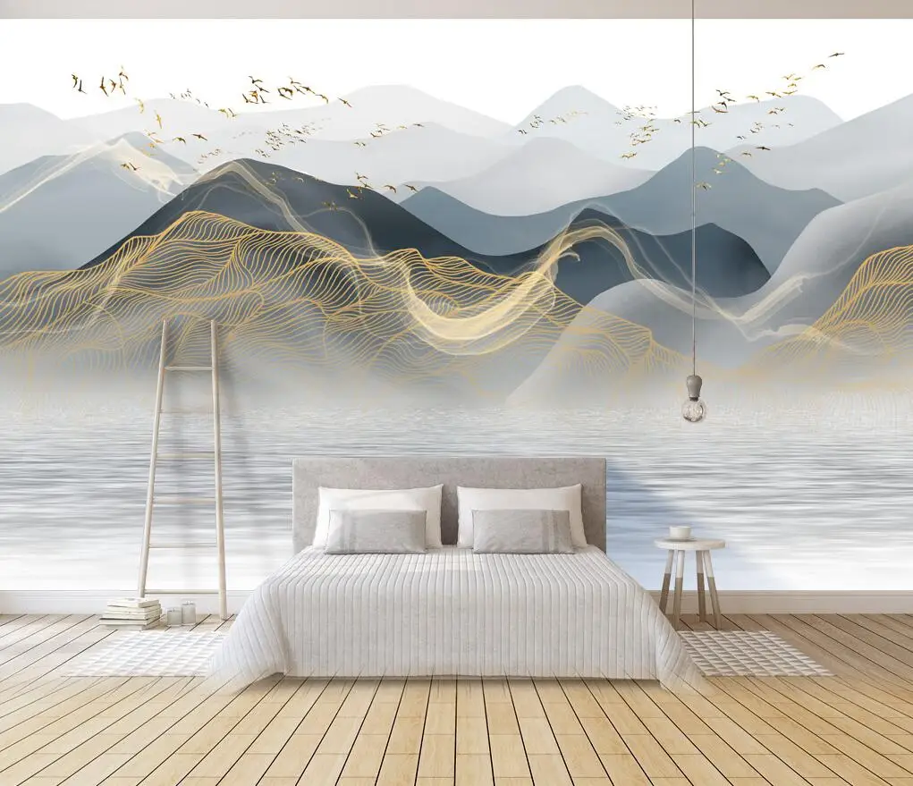 Chinese ink landscape fog forest lake background wall Mural home decoration custom size 3D Wallpaper self-adhesive material image 3