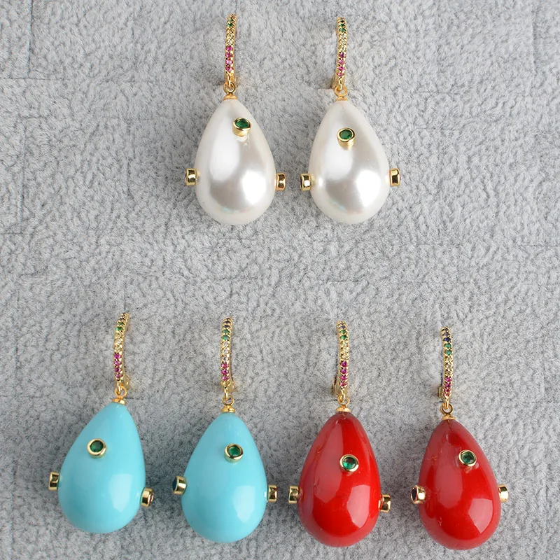 Teardrop White Blue Red Sea Shell Pearl Mixed color Cz Pave Lever back Earrings