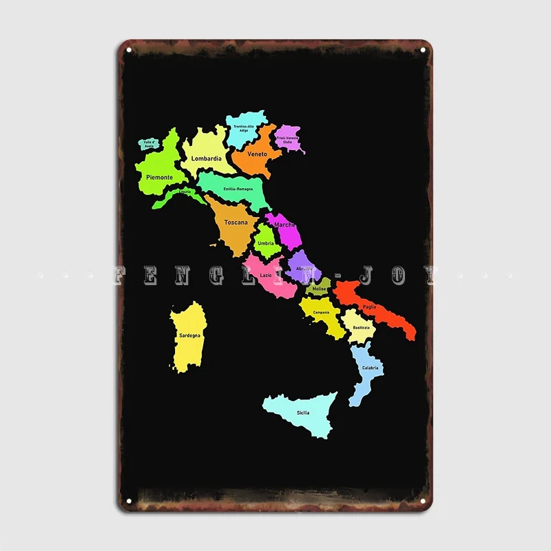 Italy Regions Map And Names Metal Plaque Poster Club Party Party Designing Poster Tin Sign Poster