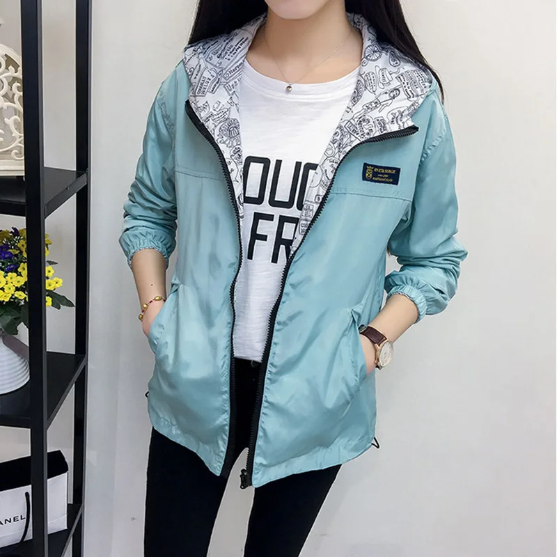 Spring Fashion women Bomber women Jacket Pocket Zipper Hooded Two Side Wear Outwear Loose Plus Size Windbreaker Famale