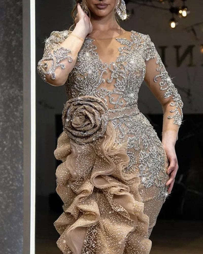 Vestido de noche con flores para mujer, traje sexy de manga larga, plisado de encaje, elegante, con lentejuelas, para fiesta de graduación y noche,