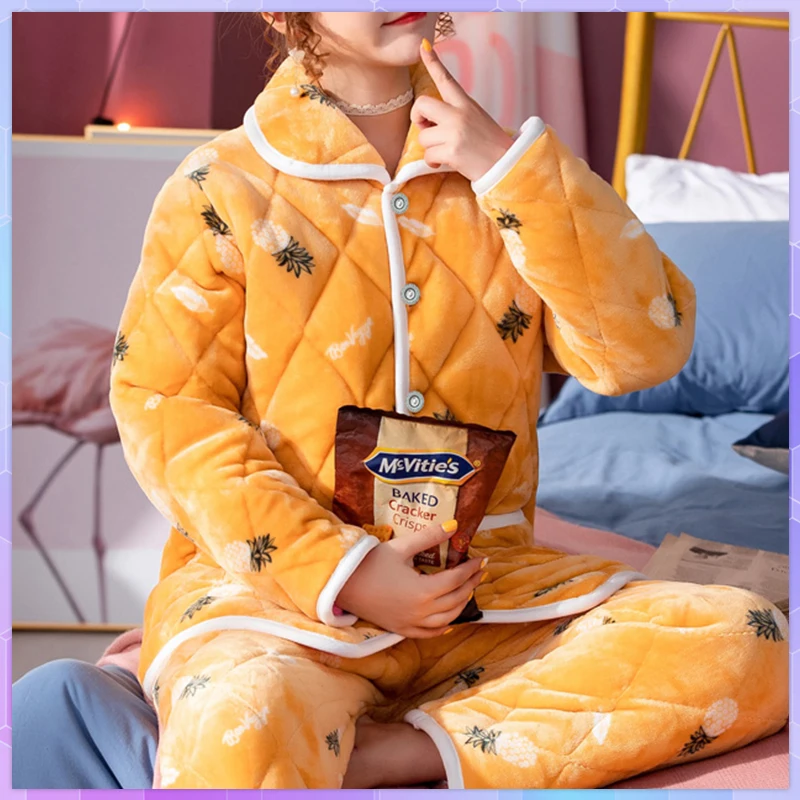 Winter Warm Women\'s Pajamas Suit Thick Velvet Button Pajama Woman Sets Sleepwear Nightwear 2Pcs Home Clothes Nightgowns Female