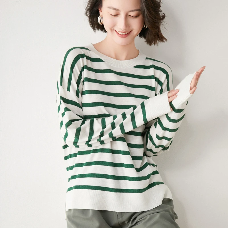 New Arrival  Spring and Autumn Wool Sweater  Women stripe  Long sleeve  O-neck Pullovers Knitted wool Sweaters