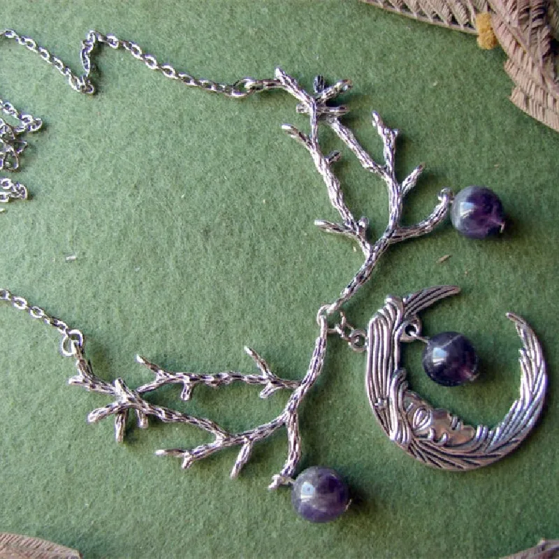 Gothic Purple Crystal Crescent Moon Branches Necklace Witch Pendant Fantasy Forest Twig Women Jewellery Statement Wedding Wicca