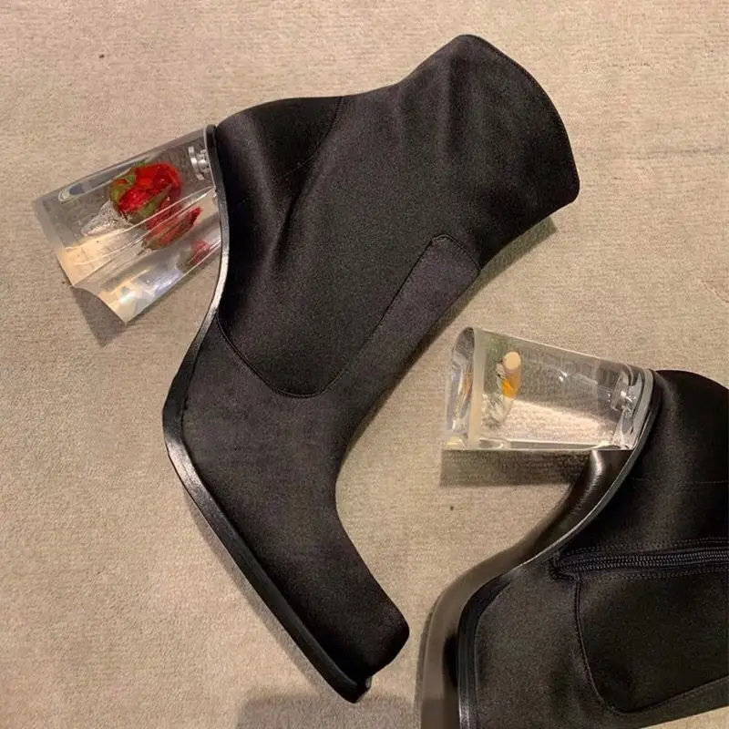 2024 Designer Rose Transparent Heel Women Ankle Boots Square Toe 8CM High Heel Booties Patent Leather Botas Mujer Ladies Shoes