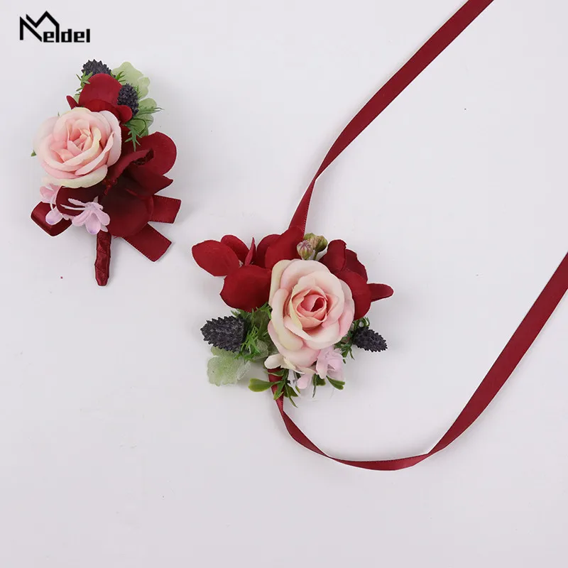 Corsages y Boutonniere de boda de seda roja para mujer, broche, ramillete, pulsera, flor, novio, ojal, boda, hombre