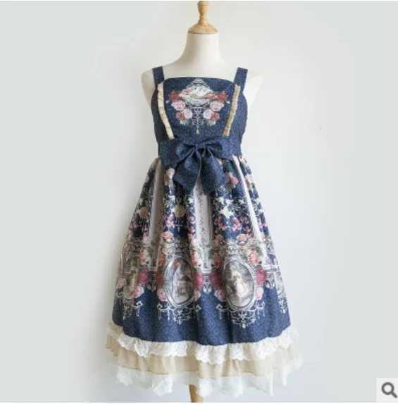 Princess victorian strap dress kawaii girl sweet lolita dress vintage bowknot cute printing high waist gothic lolita cos loli