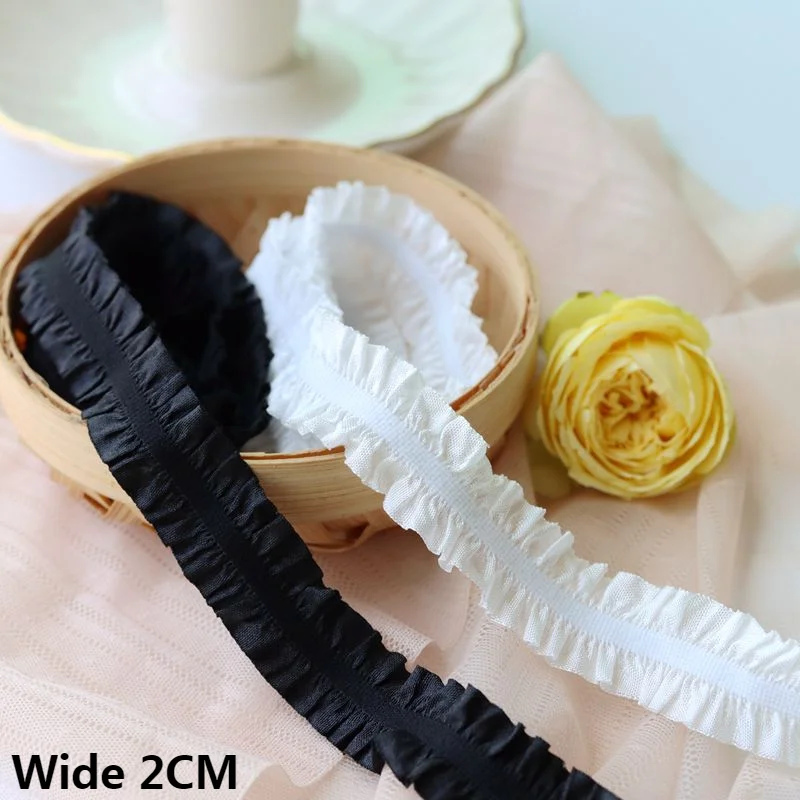 2CM Wide White Black Stain Folded Stretch Lace Fabric Ribbon Collar Elastic Ruffle Trim Apparel Dress Chothing DIY Sewing Decor