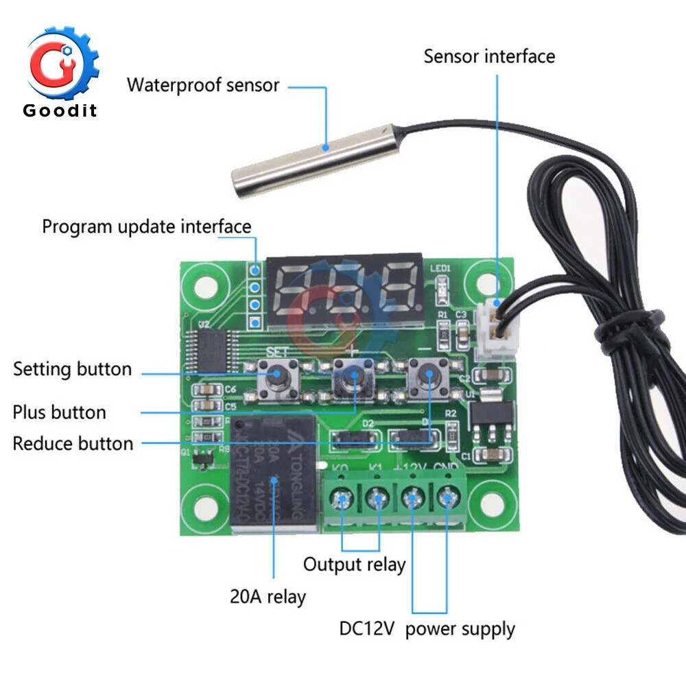 W1209 Digital Thermostat Temperature Controller DC 12V Regulator Thermoregulator Incubator NTC Sensor Meter Case heat cool temp