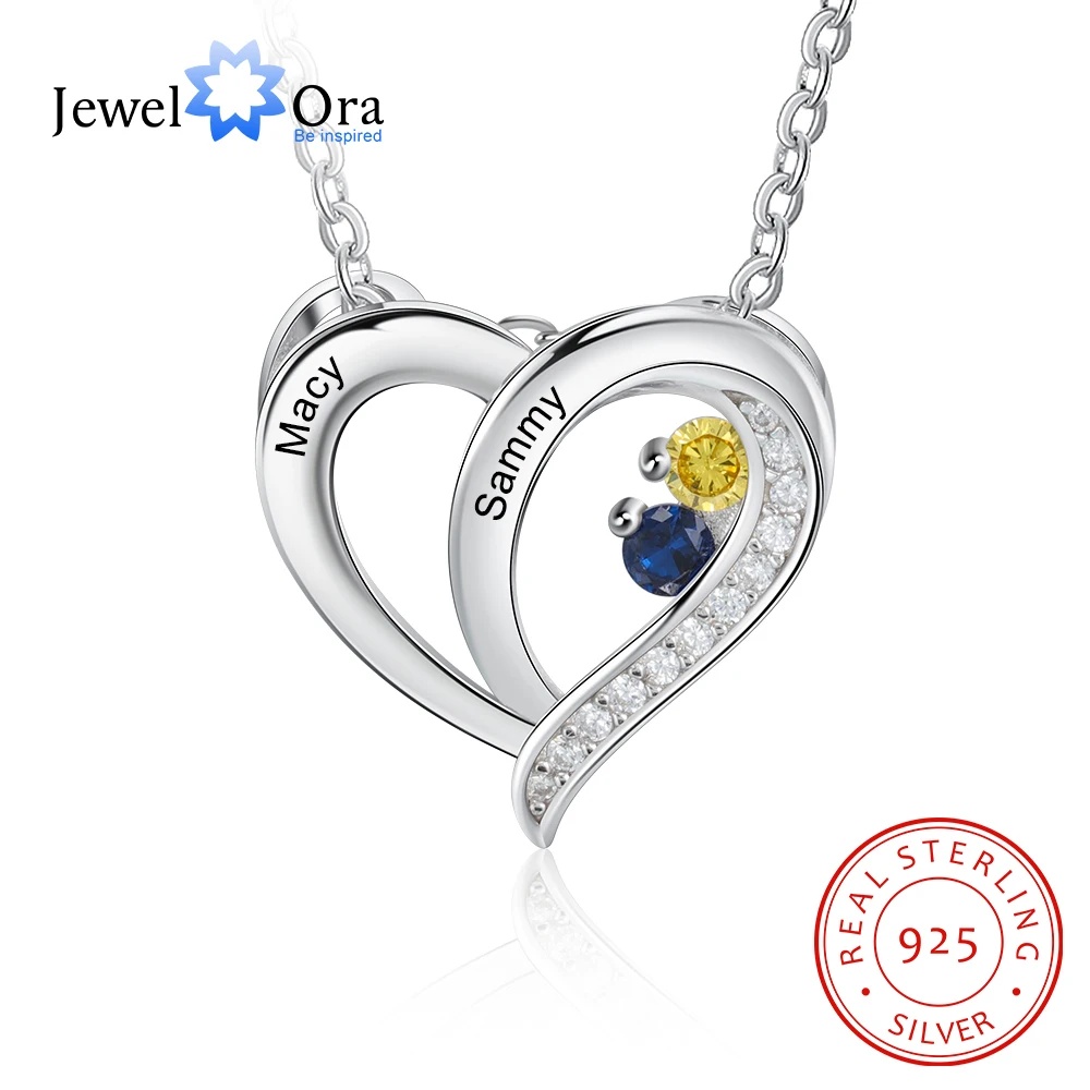 JewelOra 925 Sterling Silver Personalized Name Mothers Necklace with Birthstone Custom Engraved Heart Pendants S925 Fine Jewelry