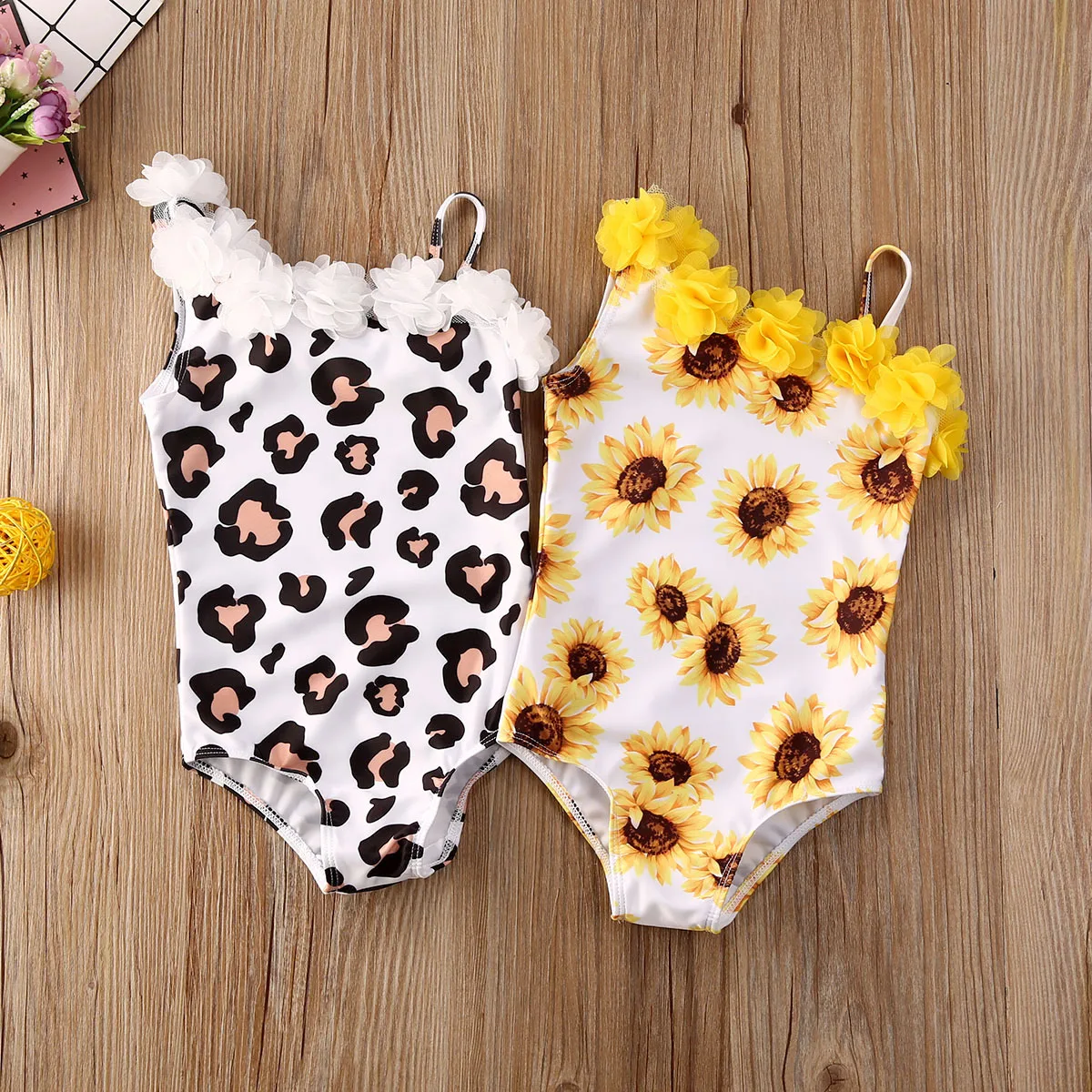 Summer Kid Baby Girls Bikini Sunflowers Leopard Print Ruffles Lace One Shoulder Swimwear Bodysuit Beachwear Outfits 0-5Y