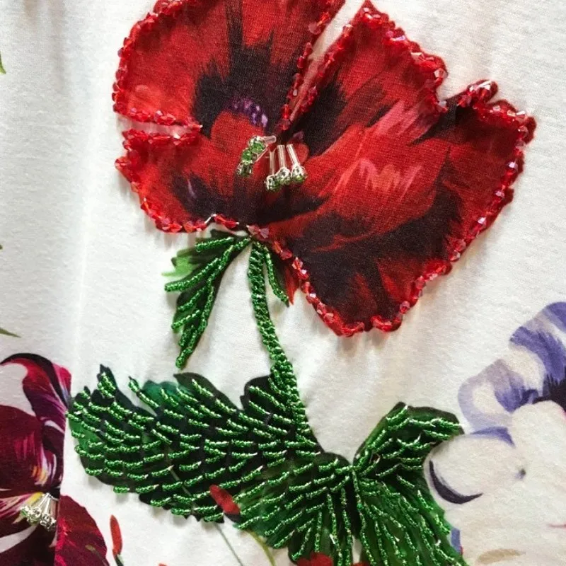 High Street Summer Vintage Printed Flowers T-Shirts Women Loose Fit O-Neck Short Sleeve Pullover Tops Female Beading Luxury Tees
