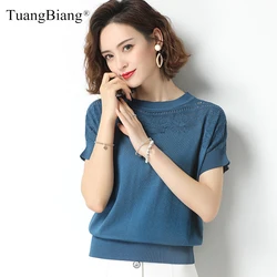 Lace Flowers Hollow Out Summer Short Sleeve Pullover Women Cotton Eyelet Sexy Elasticity O-Neck Sweater Female Blue Knitted Tops