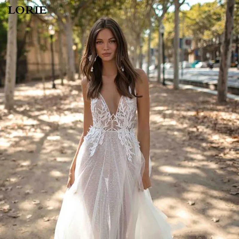 LORIE Sexy Beach Wedding Dress A Line V Neck Vestidos de novia Spaghetti Straps Appliqued Lace Boho Wedding Bridal Gowns