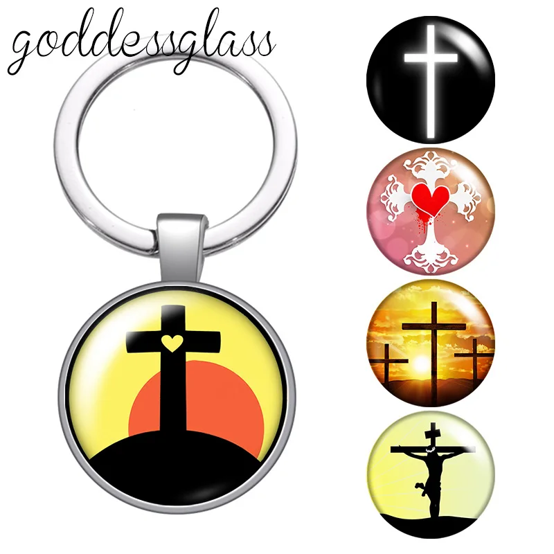 Fashion Christian Cross Faith God Blessed glass cabochon keychain Bag Car key chain Ring Holder Charms keychains for Gifts