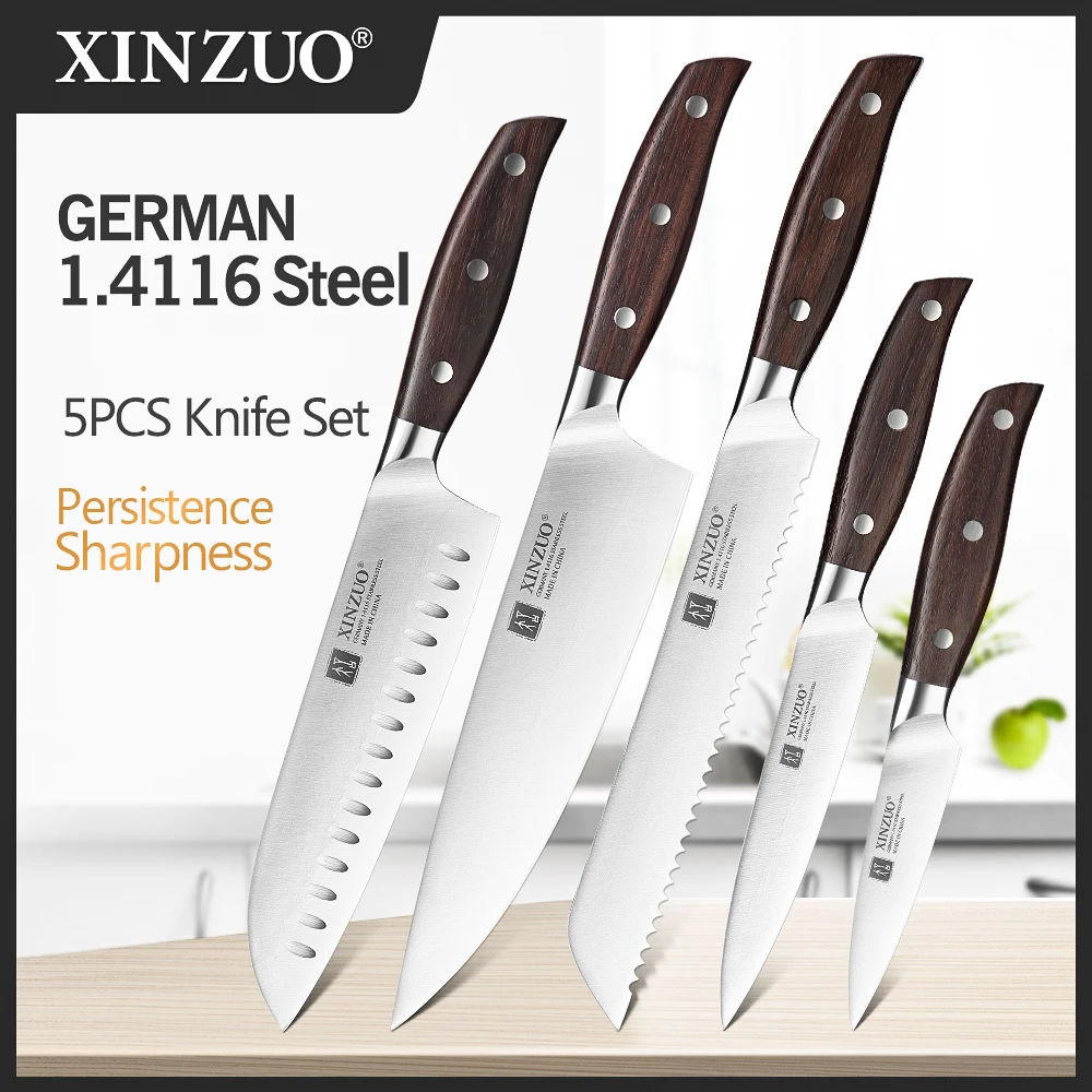 XINZUO High Carbon Germany 1.4116 Zestaw noży kuchennych ze stali nierdzewnej 5PCS Wysokiej jakości rękojeść z czerwonego drzewa sandałowego Narzędzie do krojenia w kuchni