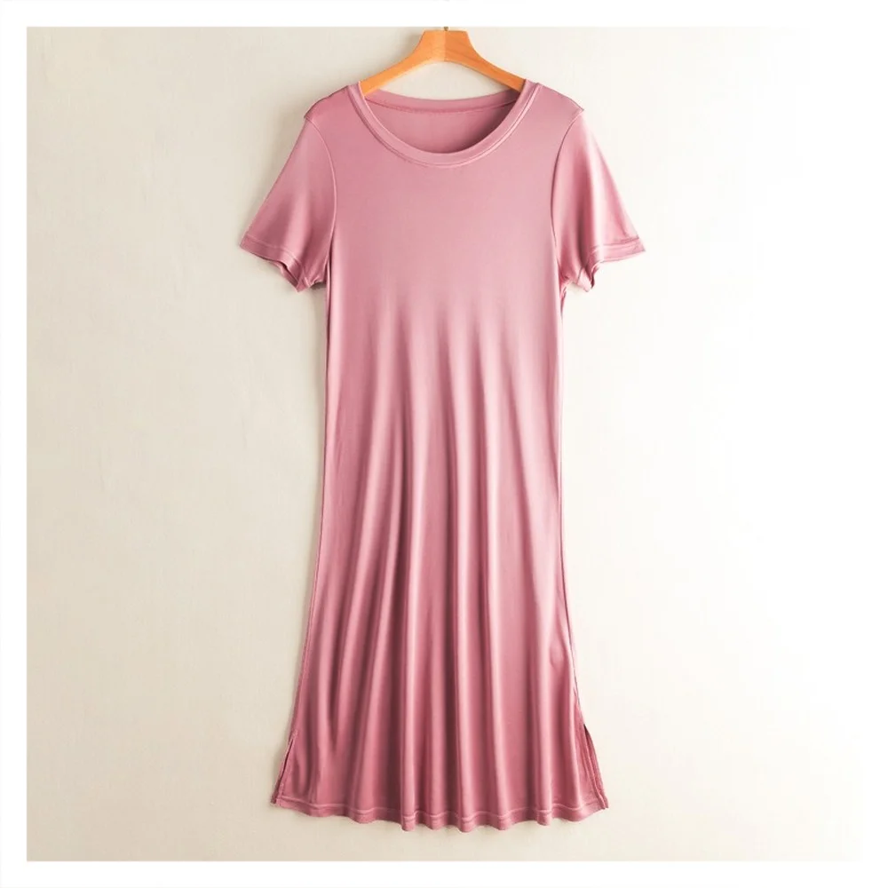 

Knitted Silk Dress Solid Color Large Medium Long Mulberry Silk Short Sleeve Round Neck Bottomed Skirt