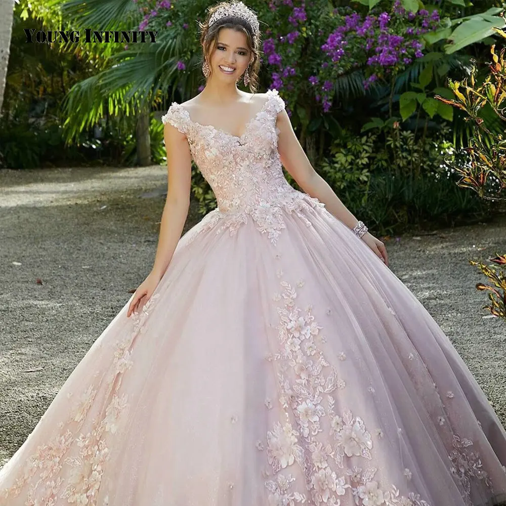 Nieuwe Collectie Pink Floor Lengte Quinceanera Jurk Tule V-hals Kapmouwtjes Kralen Applicaties Sweep Trein Baljurk 2021 Party gown