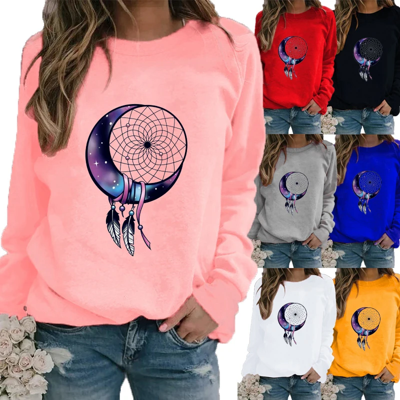 Winter Women Casual Long Sleeved Round Neck T-shirt Loose Dreamcatcher Printed Sweatshirt Tops & Blouses Plus Size T-shirts