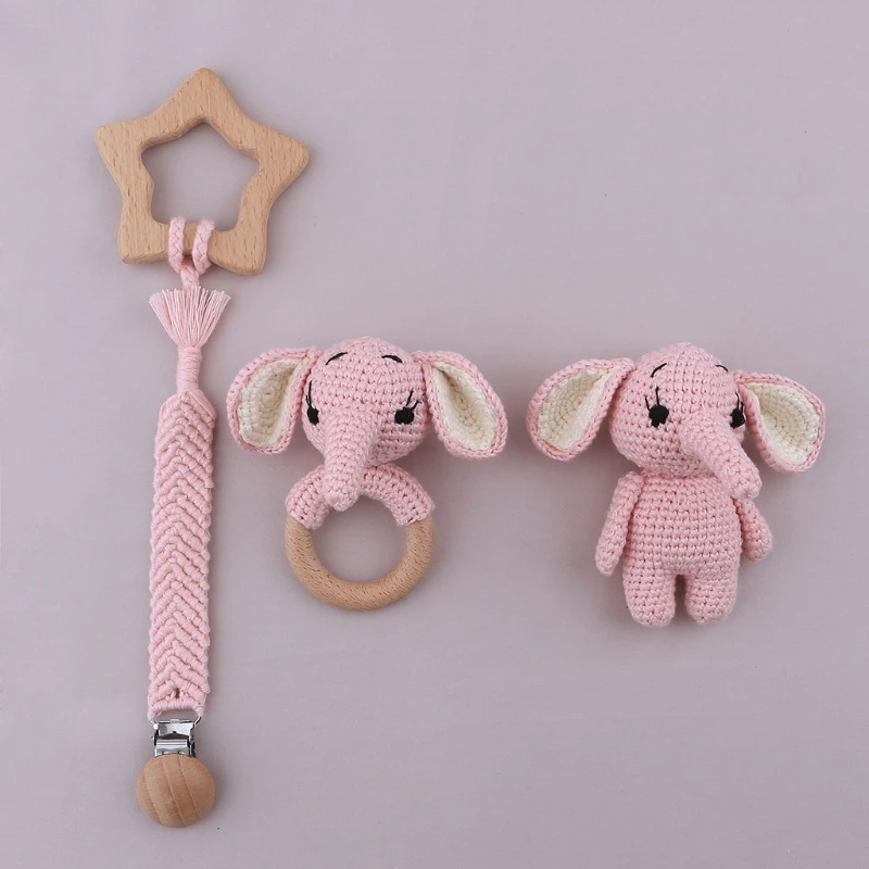 Crochet Elk Baby Teether Rattle Wooden Ring Newborn Teething Toys kawaii Stuffed Appease Doll for Infant Gym Educational Toy