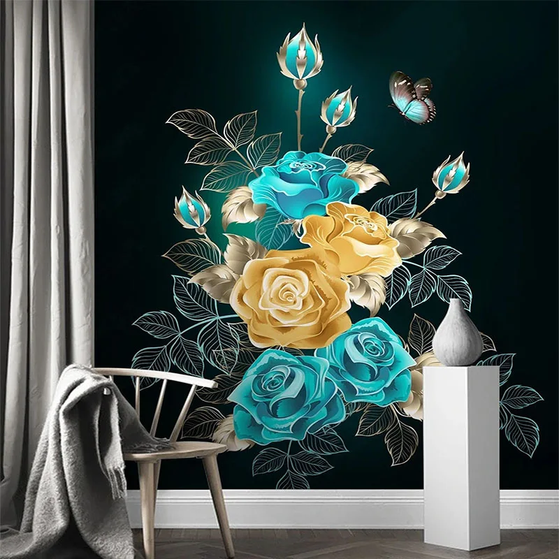 

Custom Any Size Mural Wallpaper Modern Fashion 3D Gold Foil Abstract Hand-Painted Rose Flower Butterfly Fresco Papel De Parede