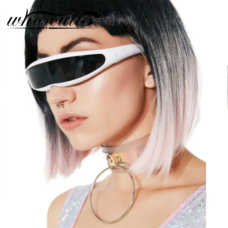 WHO CUTIE 2019 Windproof Visor Sunglasses Men Women One Piece Sunny Flat Top Goggles Oversized Shield Robot Sun Glasses Male 837