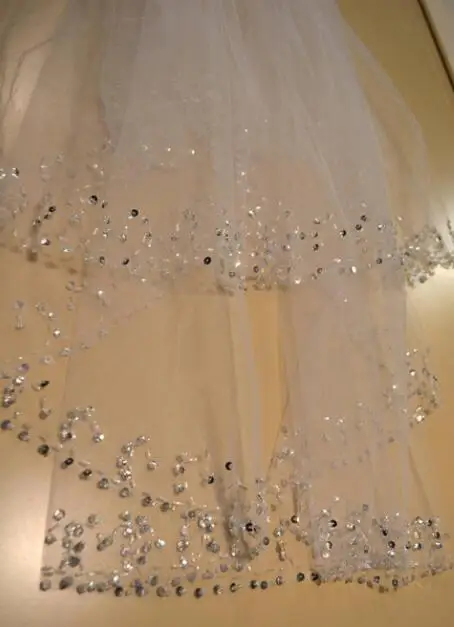 Voile de mariée en cristal à deux couches, à paillettes, longueur coude + peigne