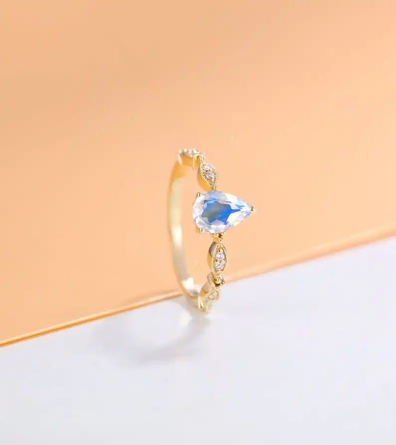 Pear Cut 5x7mm Blue Natural Moonstone Ring 14K Yellow Gold Plated 925 Sterling Silver Engagement Wedding Ring For Women Gift