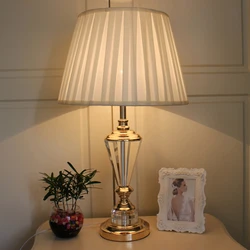 European Table Lamp For Home Decorative Bedroom Transparent K9 Crystal With Classic Fabric Lampshade E27 LED Golden Desk Lamp