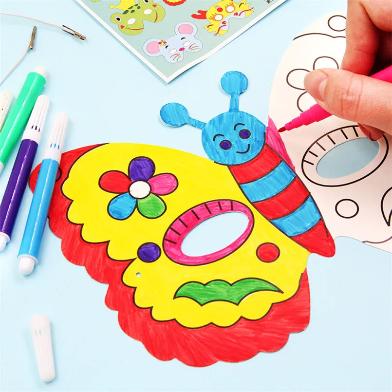 8 pezzi per bambini cartone animato animale fai da te graffiti arte artigianato maschera giocattolo maschera di carta materiale carta di carta bianca dipinta a mano con penne colorate