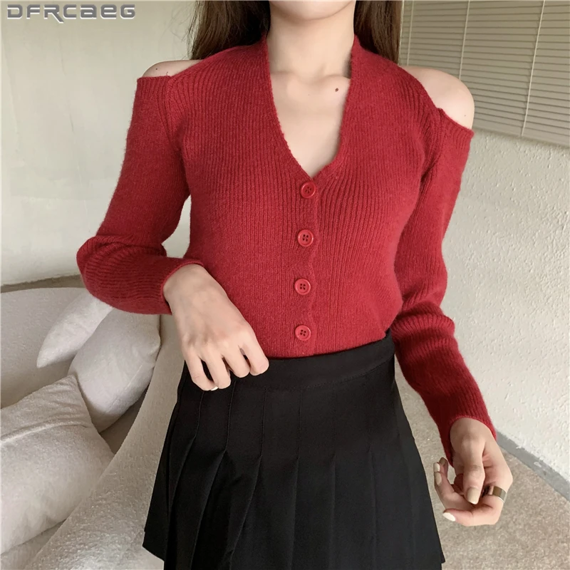 Black White Blue Red Women Sweater 2021 Autumn Winter Long Sleeve Knit Top Sexy V-Neck Off Shoulder Pullover Knitted Pull Femme