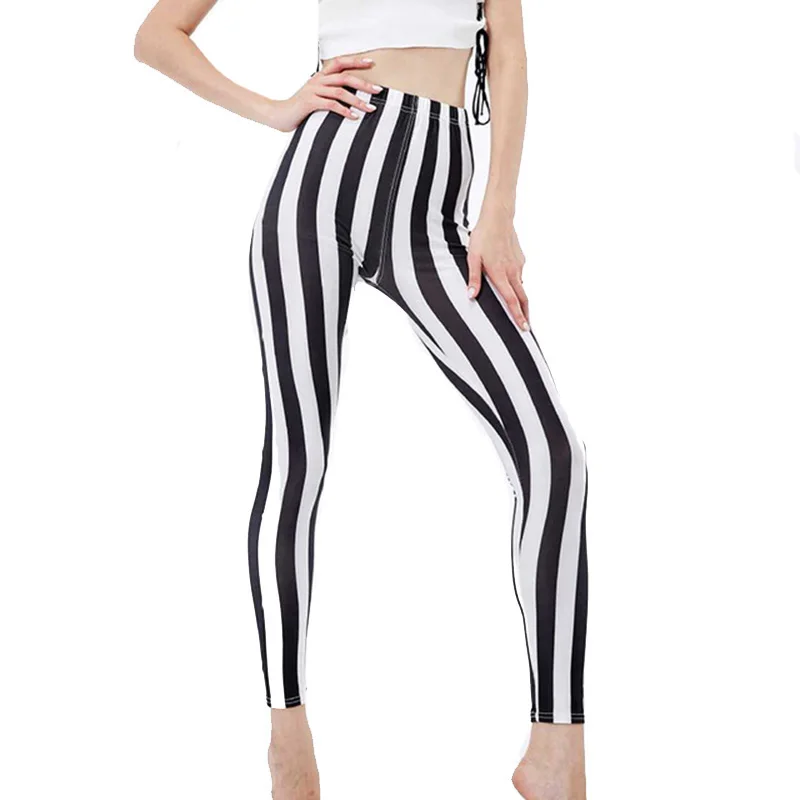 Stripe Printed Leggings Black White Push Up High Waist Leggins Sexy Summer Women Pants Sport Tights Workout Elastic Fitness