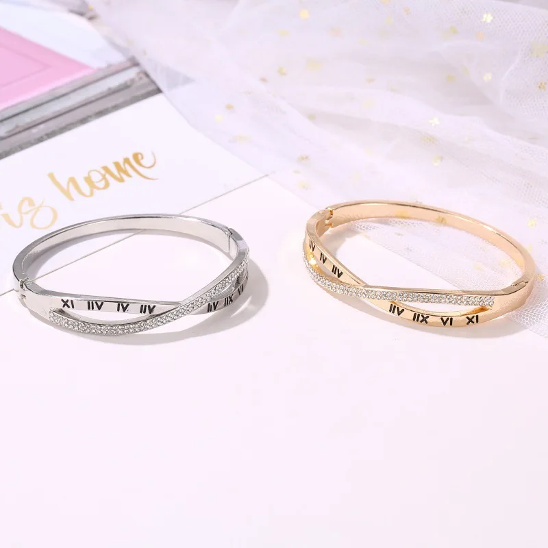 أساور نسائية بأشكال هندسية ، صليب ، روز ، ذهبي ، فضي ، خرز حجر الراين بصف مزدوج ، أرقام رومانية ، دائرية ، سبيكة