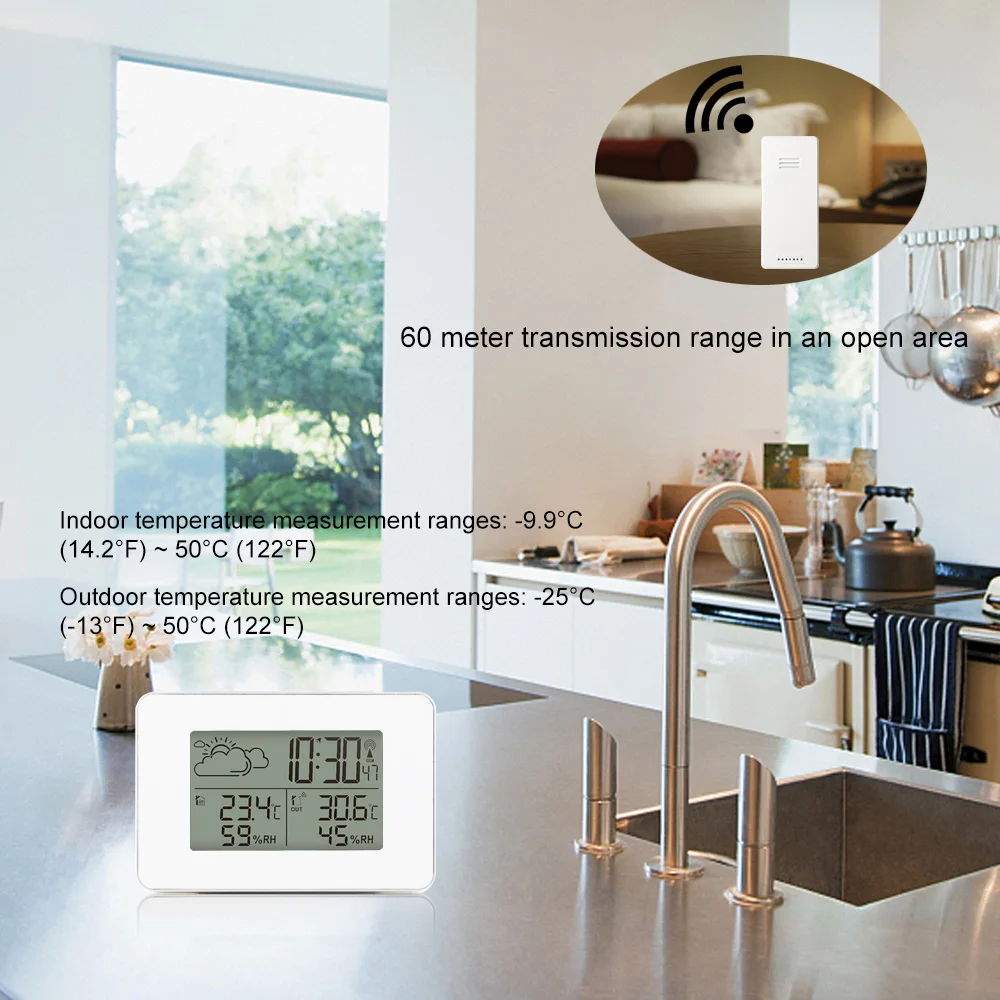 FanJu-estación meteorológica con alarma, reloj electrónico Digital inalámbrico, Sensor de pronóstico, Snooze, reloj de mesa, termómetro DCF,