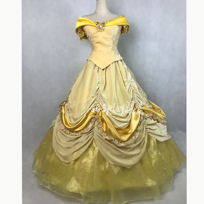 

New Arrival Movie Belle Cosplay Costume Princess Yellow Dress For Adult Women Fancy Party Halloween Dresses