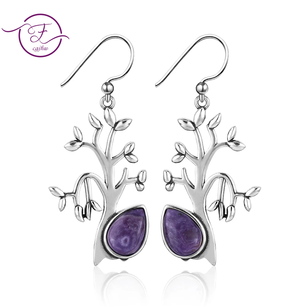 Sweet Tree Shape Natural Charoite Drop Earrings For Women 925 Silver Jewelry Party Wedding Daily Birthday Gift