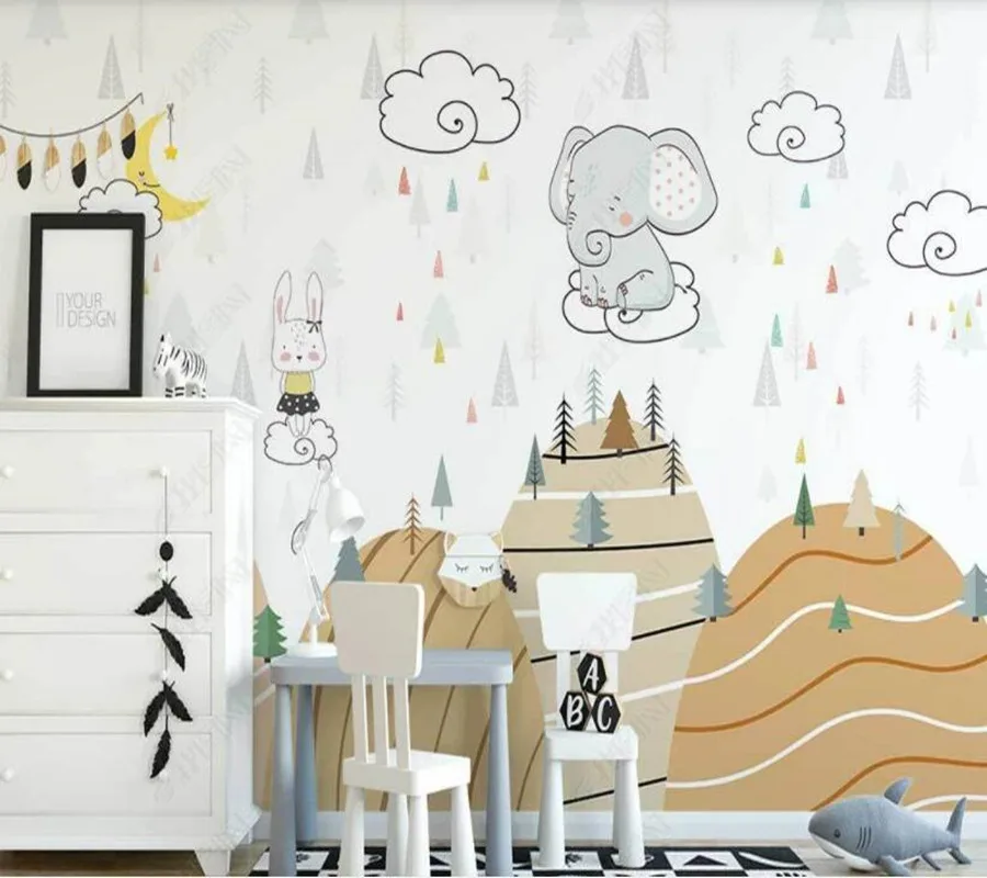 

Custom papel parede cartoon hills clouds woods cartoon animal children's room for living room bedroom decoration wallpaper