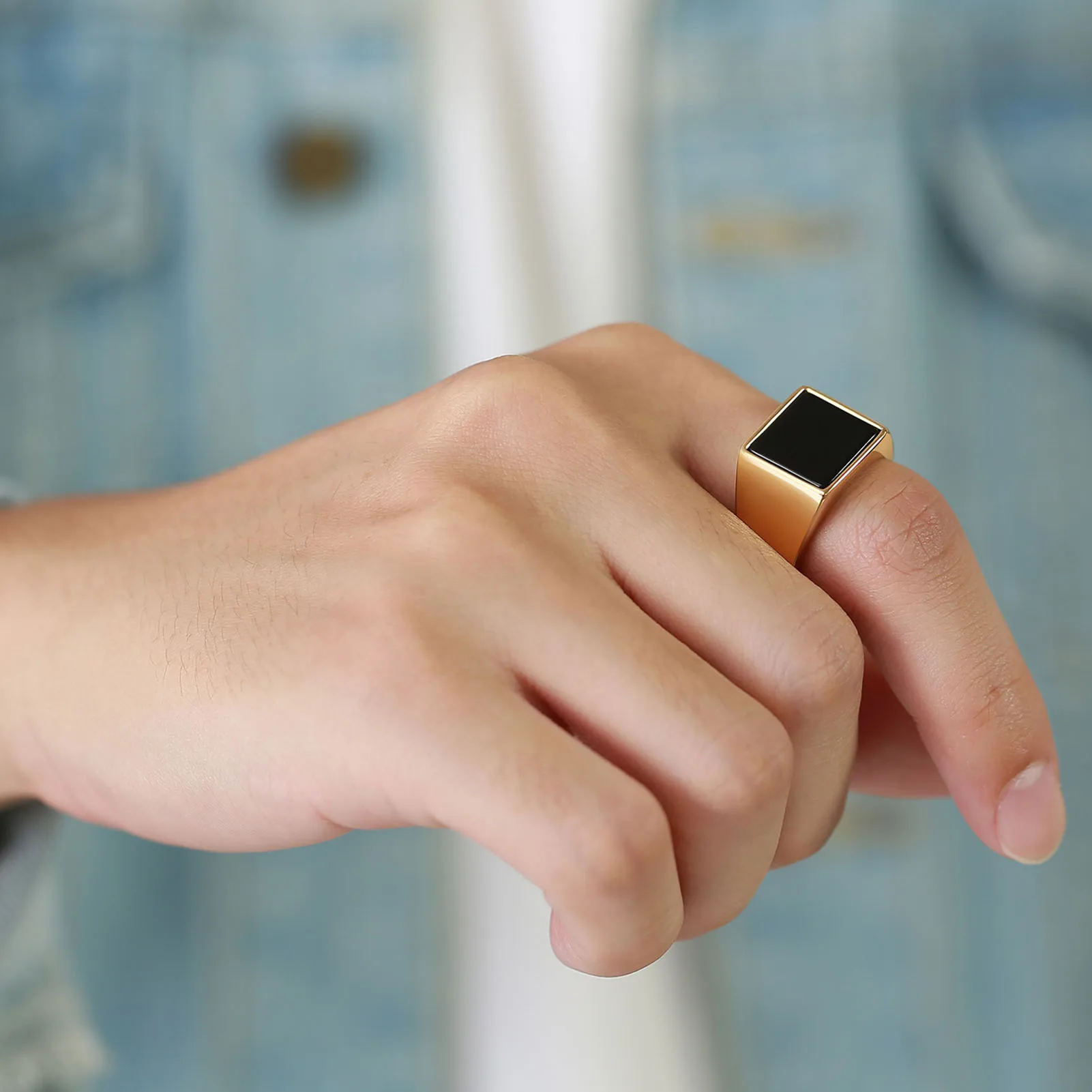 Fashion Golden Glossy Square Seal Stainless Steel Resin Geometric Men\'s Punk Rock Ring Party Jewelry Wedding Accessories