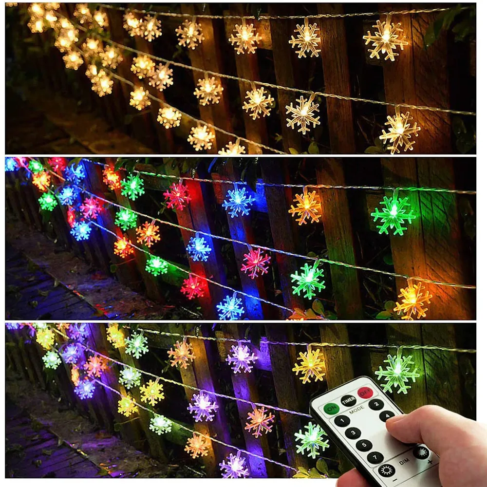 Guirnalda de luces navideñas para el hogar, tira de luces de copo de nieve con mando a distancia, funciona con pilas, para interiores y exteriores, 6M, 40led