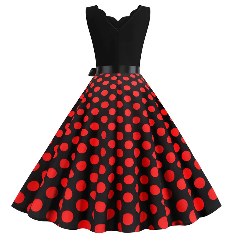 Polka Dot Print Women Summer Dress Black Patchwork Sleeveless V Neck Elegant Vintage Party Casual Midi Dress